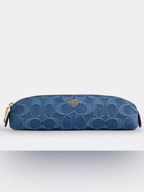 NEW Coach Limited Edition Signature Print Indigo Blue Denim Gold Pencil Case